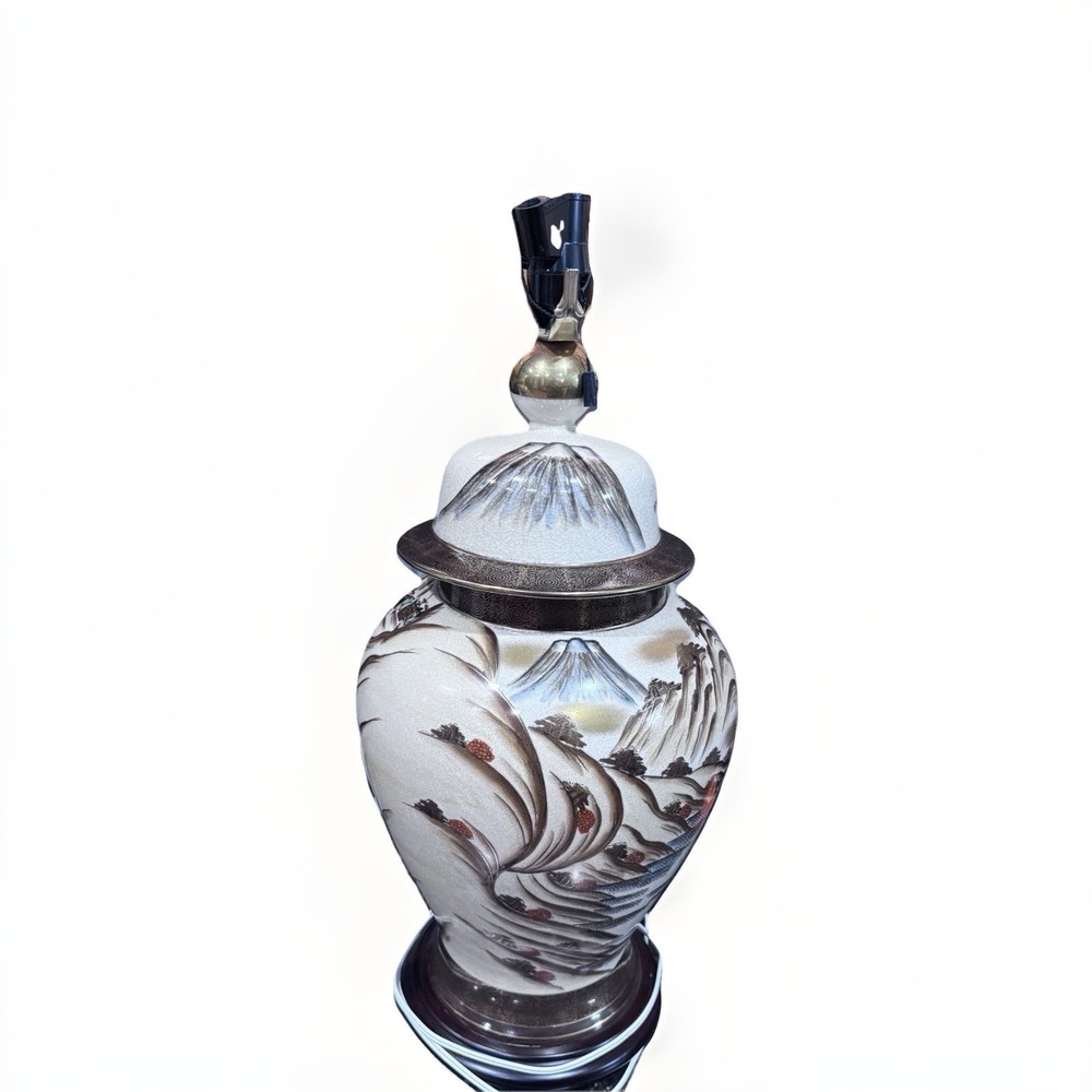 Vintage Signed Mt Fuji Satsuma Kutani Porcelain Japanese Gold Ginger Jar Lamp